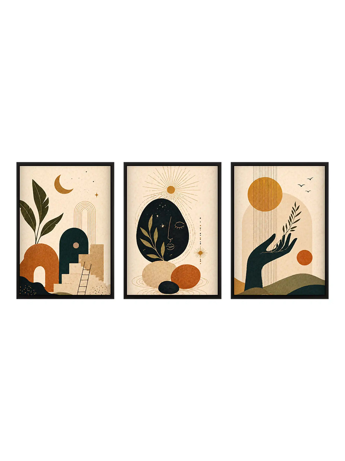 Boho celestial wall art set of 3 - abstract botanical illustration artwork - modern celestial decor - black wooden frames - Spaces Unhooked