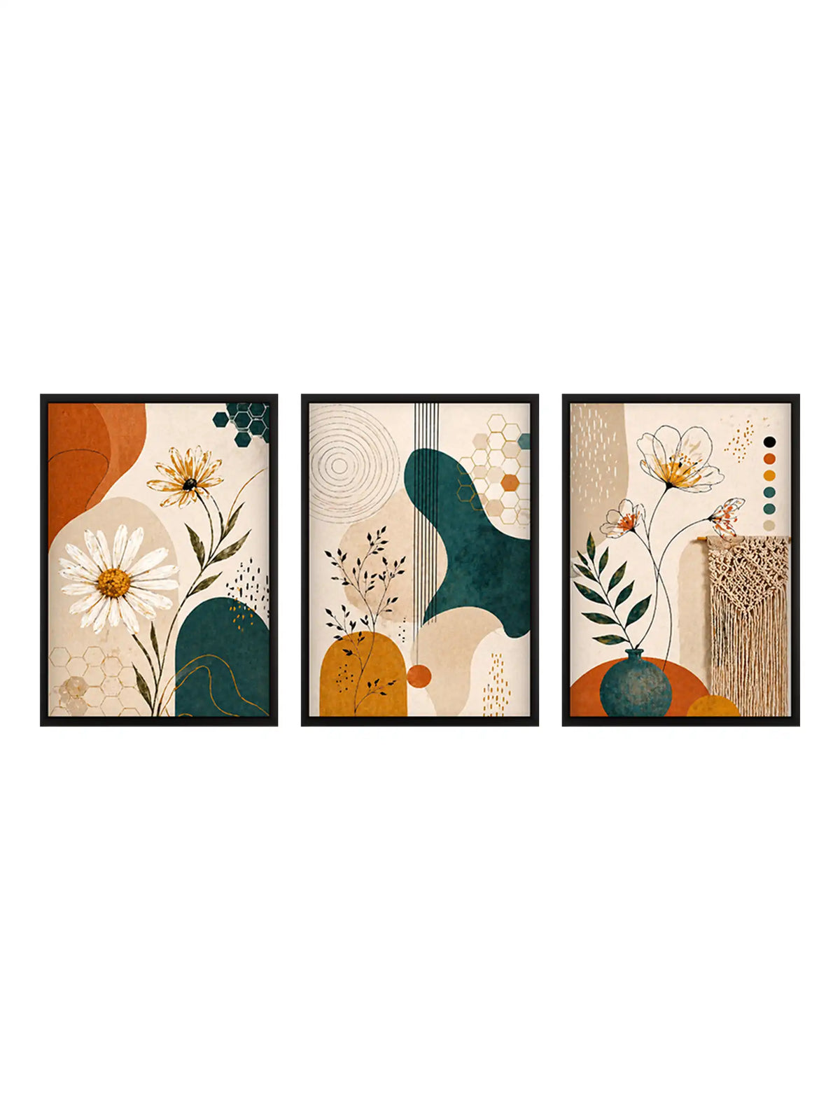 Boho botanical wall art set of 3 - abstract floral illustration artwork - modern botanical decor - black wooden frames - Spaces Unhooke