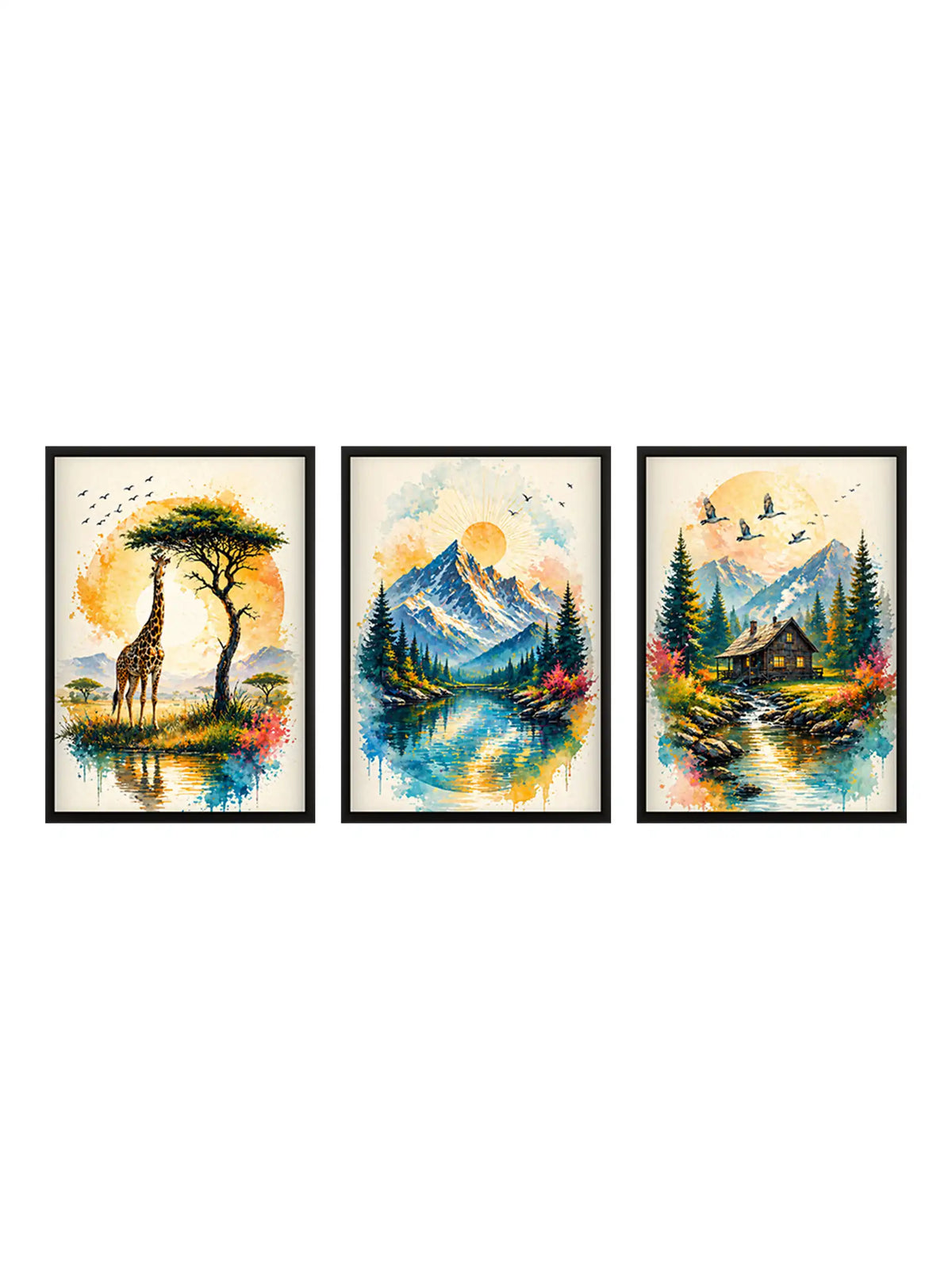 Watercolor wildlife nature wall art set of 3 - rustic contemporary landscape artwork - mountain and wildlife decor - black wooden frames - Spaces Unhooked
