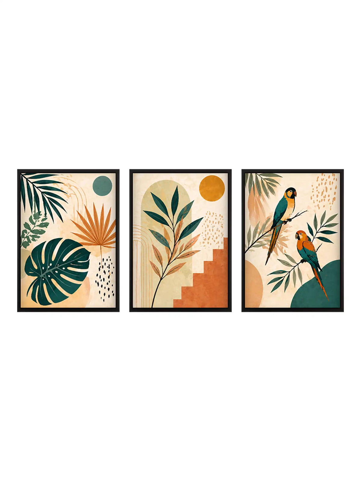 Boho tropical wall art set of 3 - botanical illustration artwork - tropical leaves and exotic birds decor - black wooden frames - Spaces Unhooked