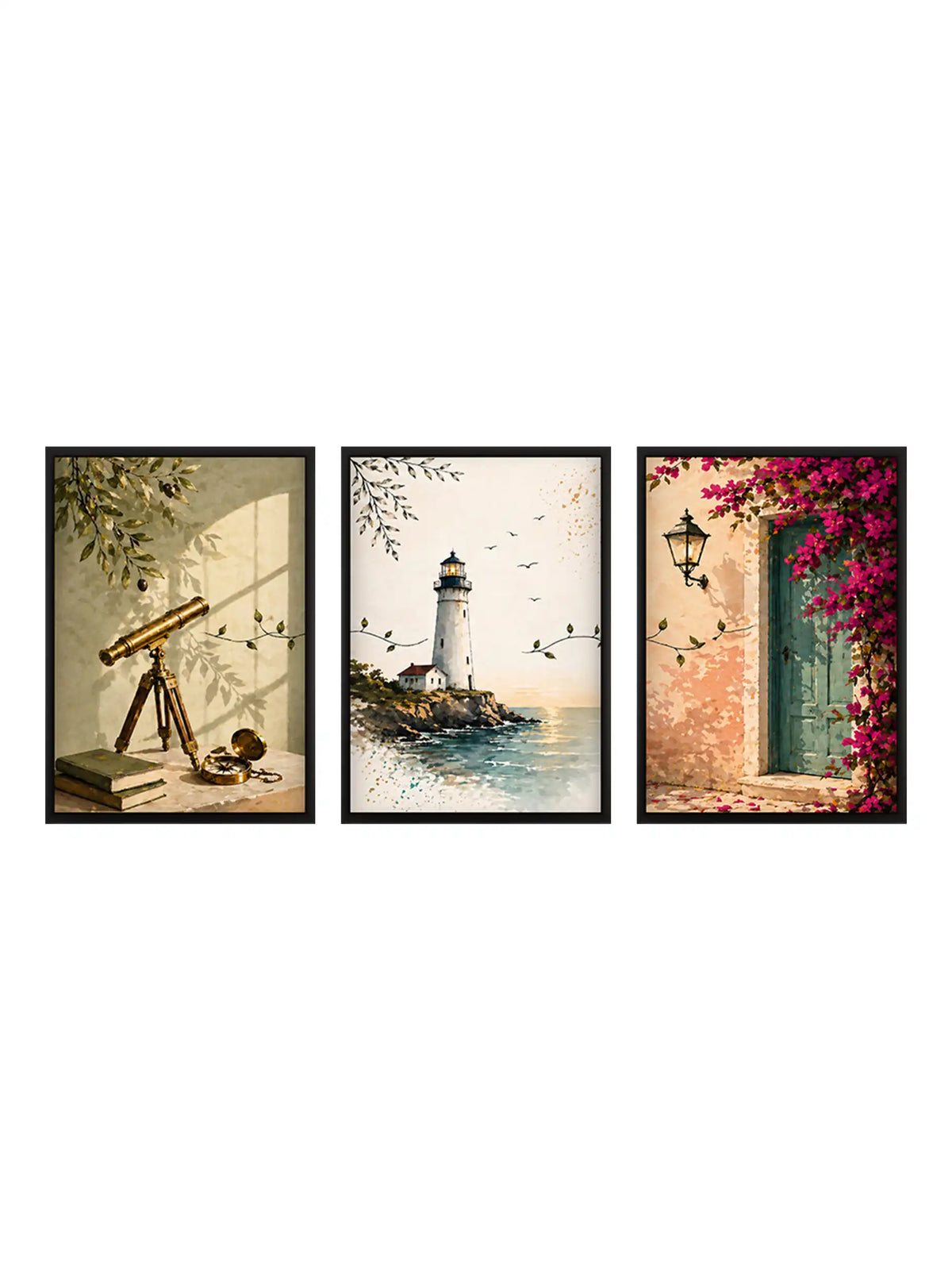 Coastal travel wall art set of 3 - exploration inspired illustration artwork - lighthouse and seaside decor - black wooden frames - Spaces Unhooked