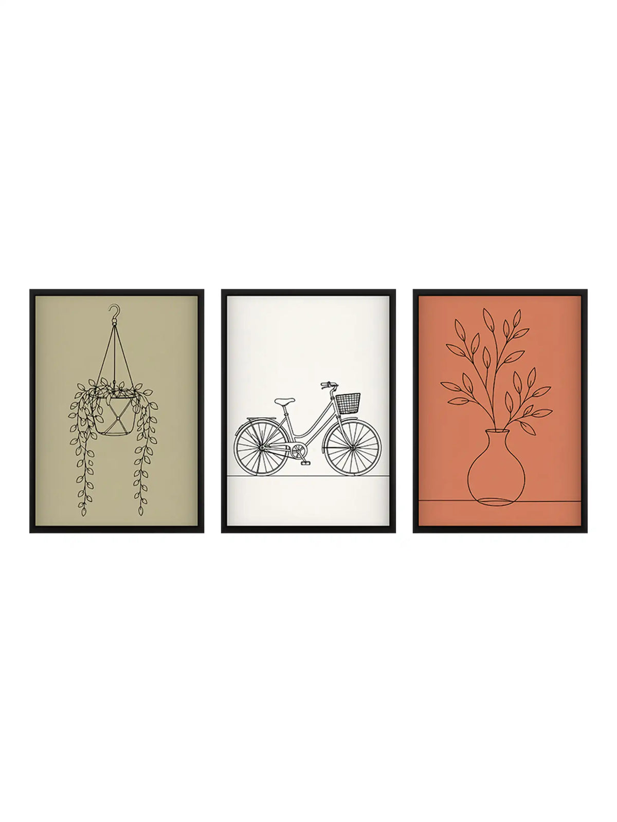 Japandi line art wall art set of 3 - everyday objects illustration artwork - minimalist home decor - black wooden frames - Spaces Unhooked