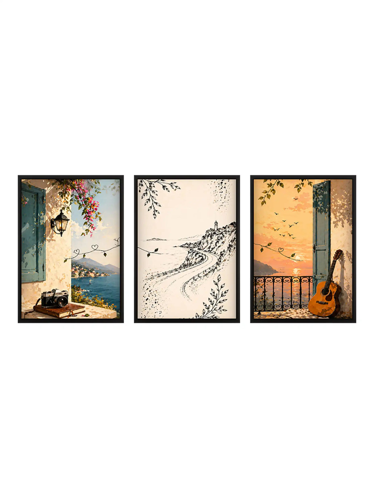 Mediterranean travel wall art set of 3 - coastal lifestyle illustration artwork - European seaside decor - black wooden frames - Spaces Unhooked