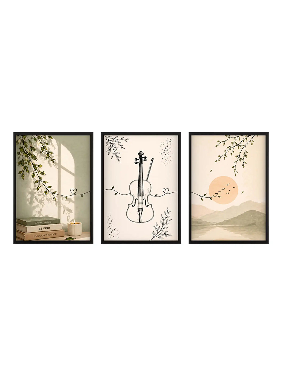 Japandi mindfulness wall art set of 3 - organic minimalism nature artwork - calming botanical decor - black wooden frames - Spaces Unhooked