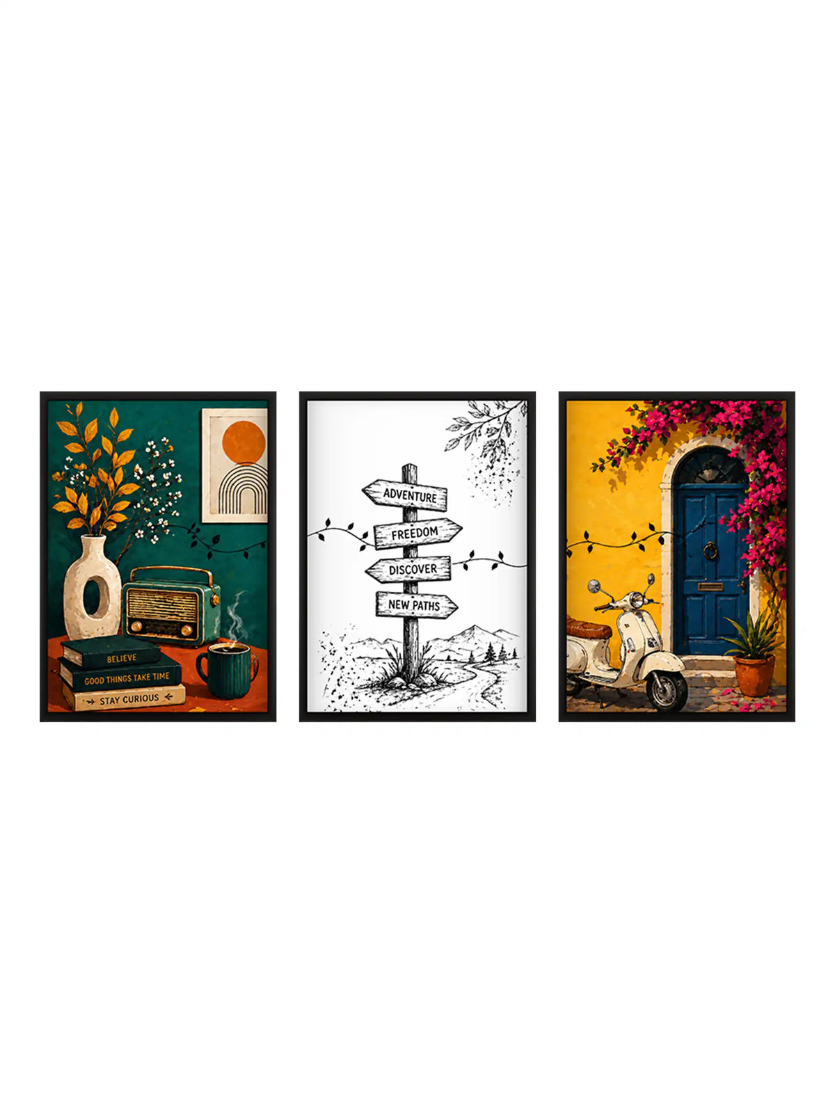 Lifestyle and travel wall art set of 3 - vintage eclectic illustration artwork - wanderlust inspired decor - black wooden frames - Spaces Unhooked