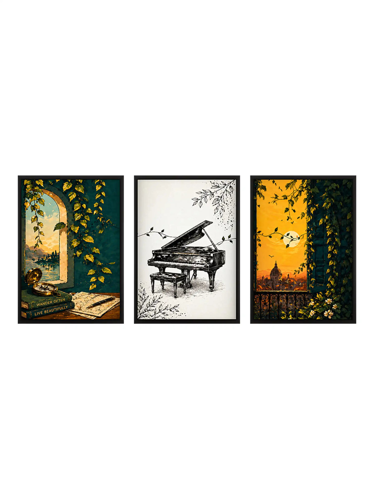 European vintage travel wall art set of 3 - cultural illustration artwork - architecture and exploration decor - black wooden frames - Spaces Unhooked