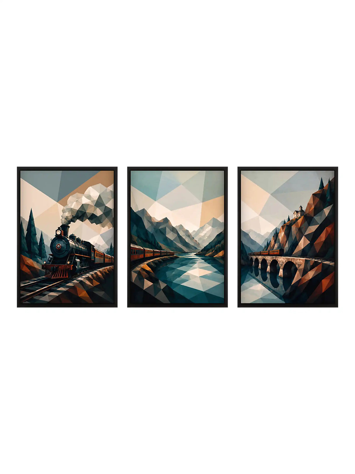 Travel and transportation wall art set of 3 - geometric train landscape artwork - mountain railway illustration - black wooden frames - Spaces Unhooked