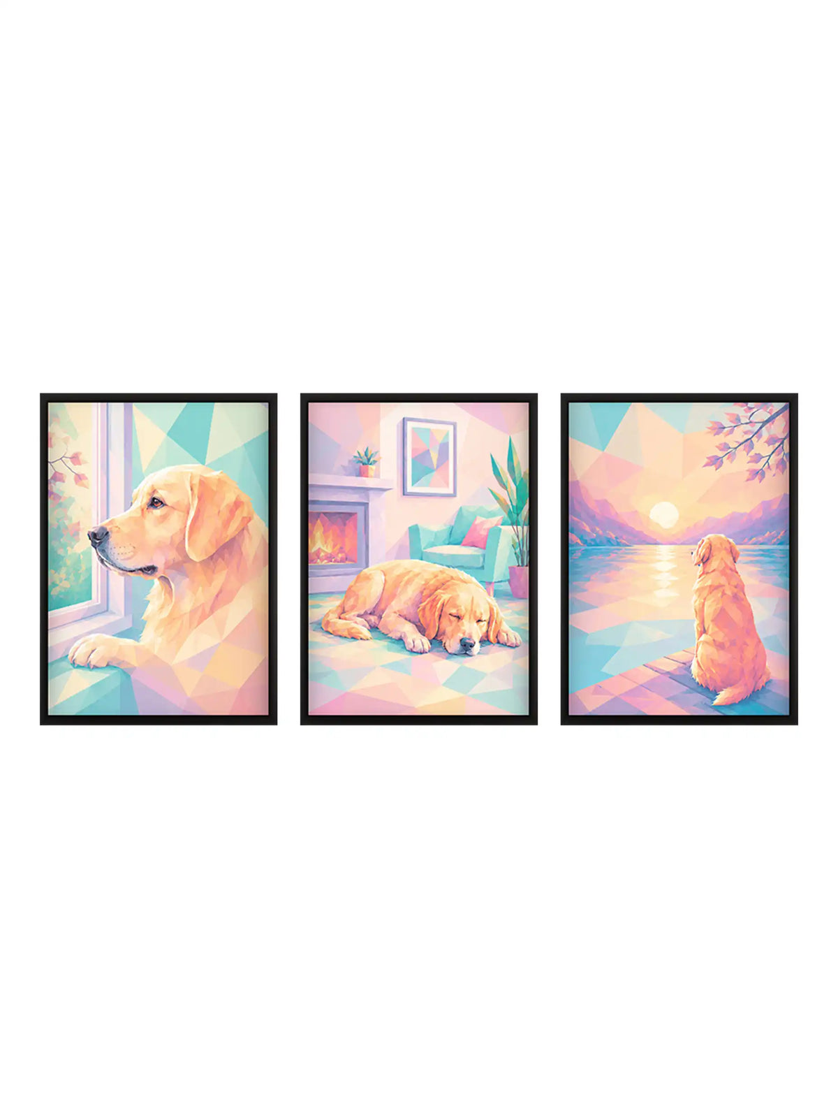 Geometric dog wall art set of 3 - contemporary pet illustration artwork - pastel animal decor - black wooden frames - Spaces Unhooked