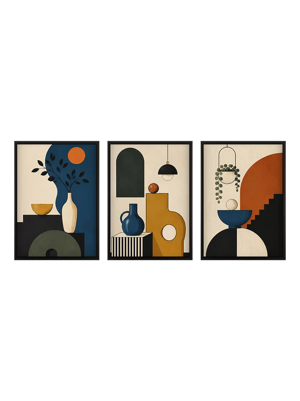 Mid-century modern wall art set of 3 - geometric still life illustration - retro contemporary decor - black wooden frames - Spaces Unhooked