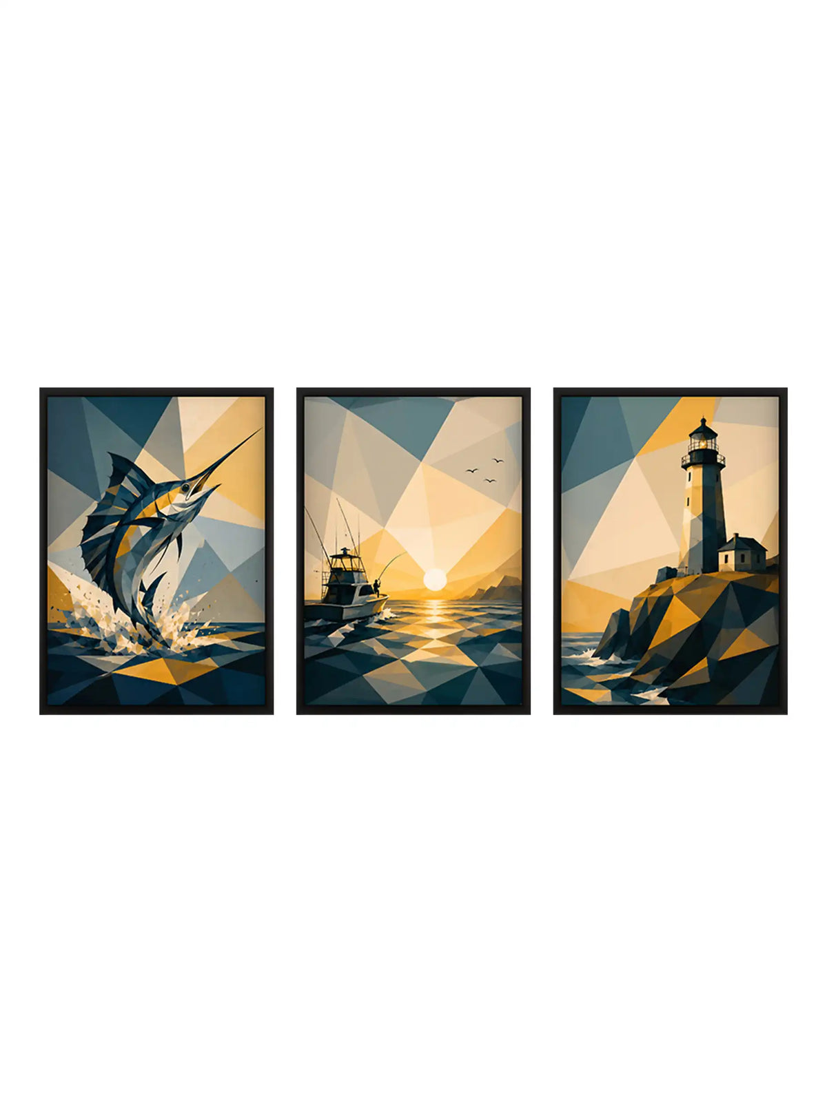 Low-poly coastal wall art set of 3 - geometric ocean illustration artwork - lighthouse and marine decor - black wooden frames - Spaces Unhooked