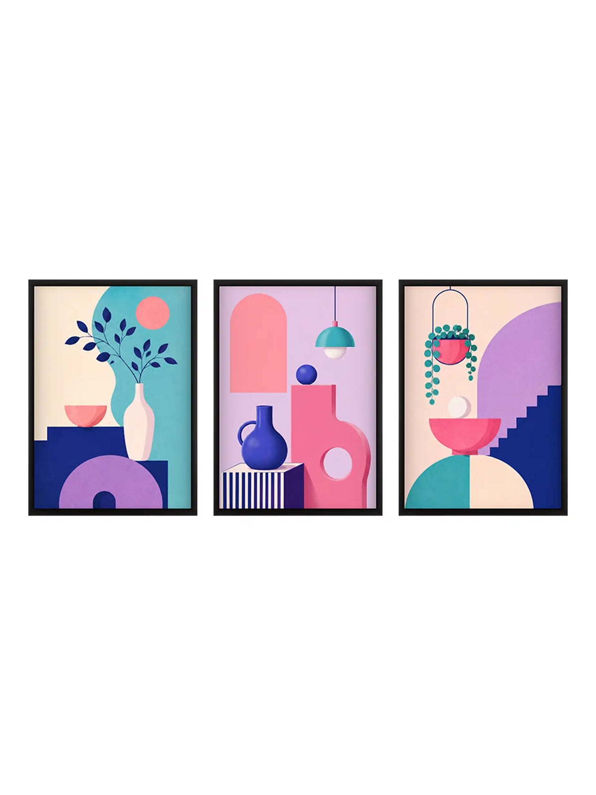 Geometric illustration wall art set of 3 - Memphis still life artwork - colorful abstract decor - black wooden frames - Spaces Unhooked