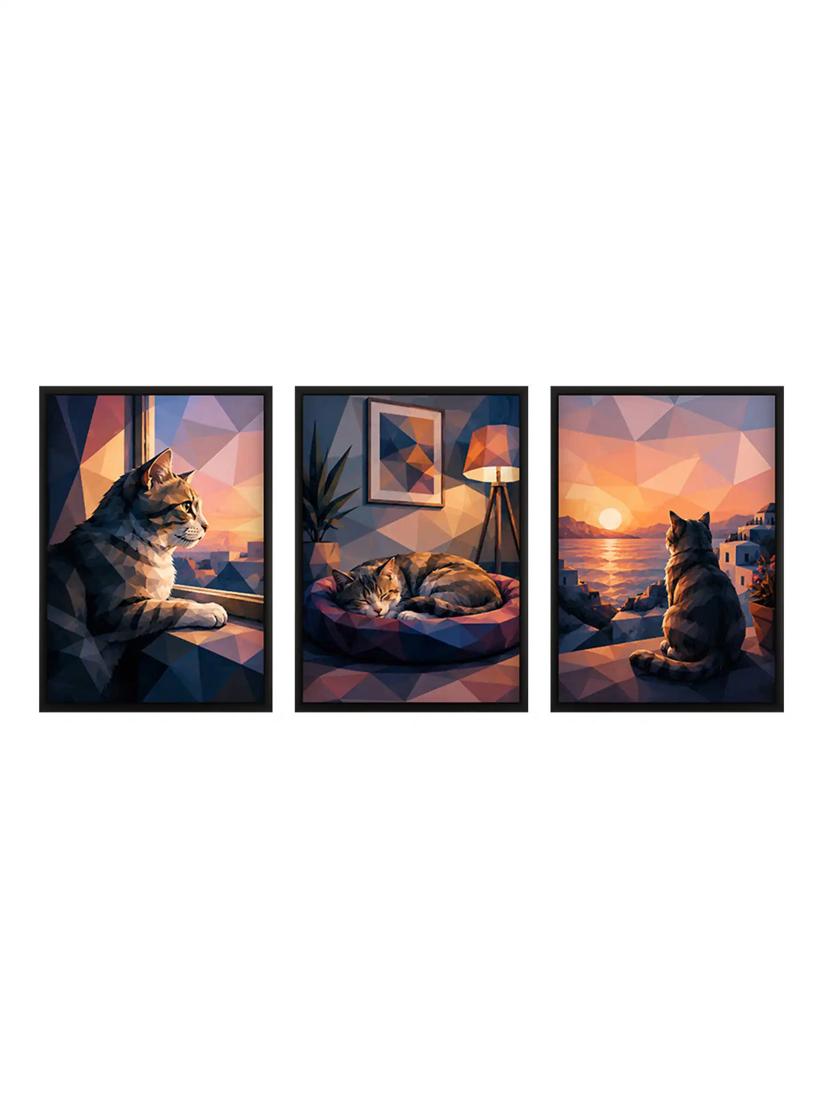 Low-poly cat wall art set of 3 - geometric pet illustration artwork - contemporary animal decor - black wooden frames - Spaces Unhooked