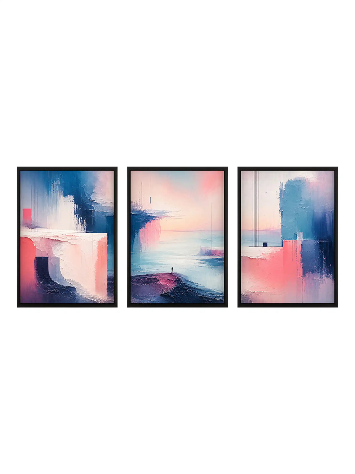 Abstract sea shore wall art set of 3 - painterly abstraction artwork - coastal contemporary decor - black wooden frames - Spaces Unhooked