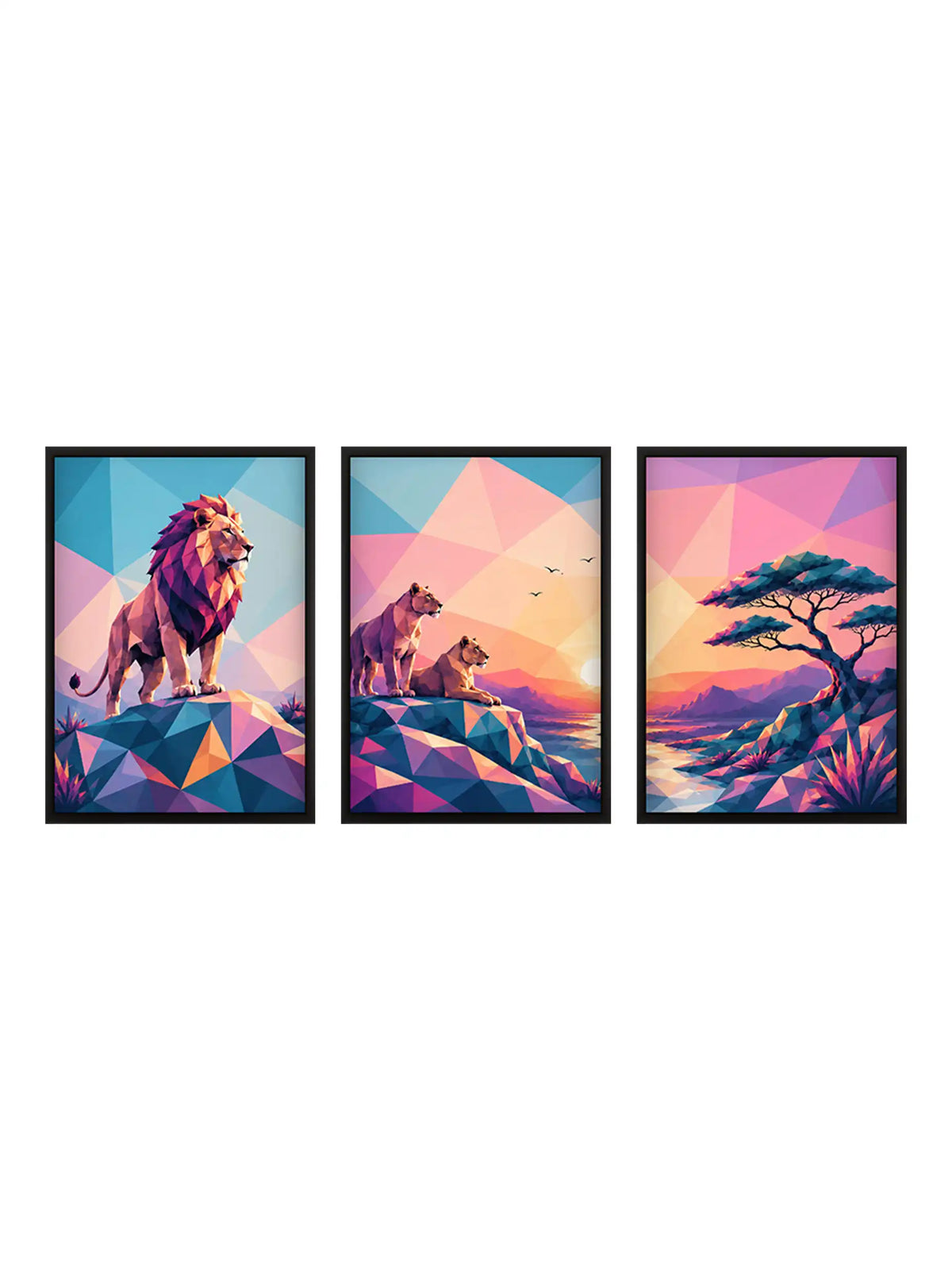 Low-poly wildlife wall art set of 3 - geometric lion illustration artwork - modern geometric decor - black wooden frames - Spaces Unhooked