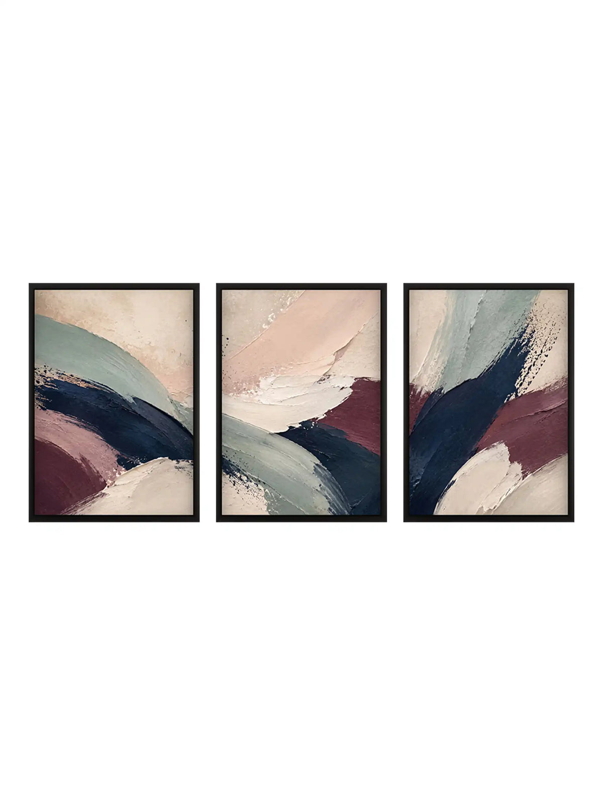 Abstract wall art set of 3 - gestural abstraction artwork - contemporary abstract forms - black wooden frames - Spaces Unhooked