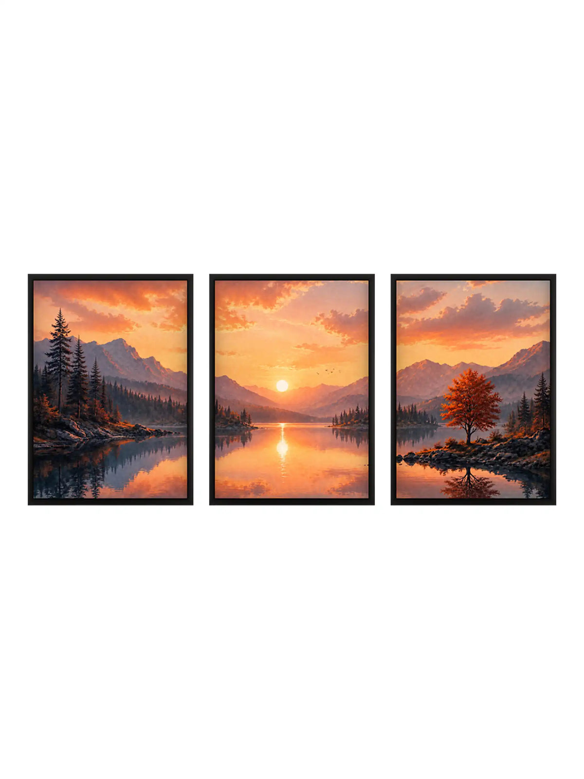 Digital Landscape Painting - Mountain Lake Sunset Autumn - Black Wooden Wall Frames - Atmospheric Landscape - Spaces Unhooked