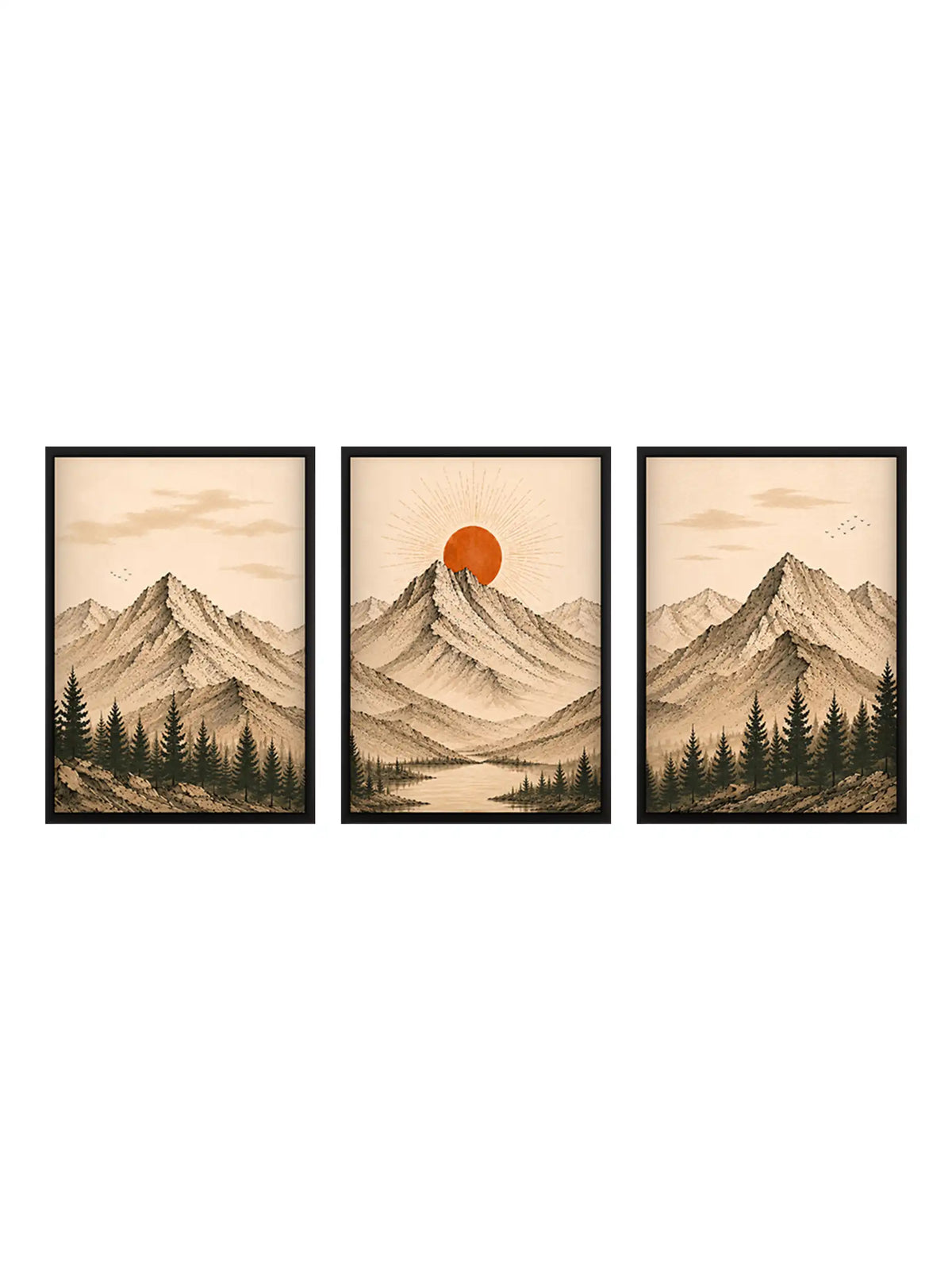 Ink Wash Illustration - Minimalist Zen Mountain Landscape Sepia - Black Wooden Wall Frames - Spaces Unhooke