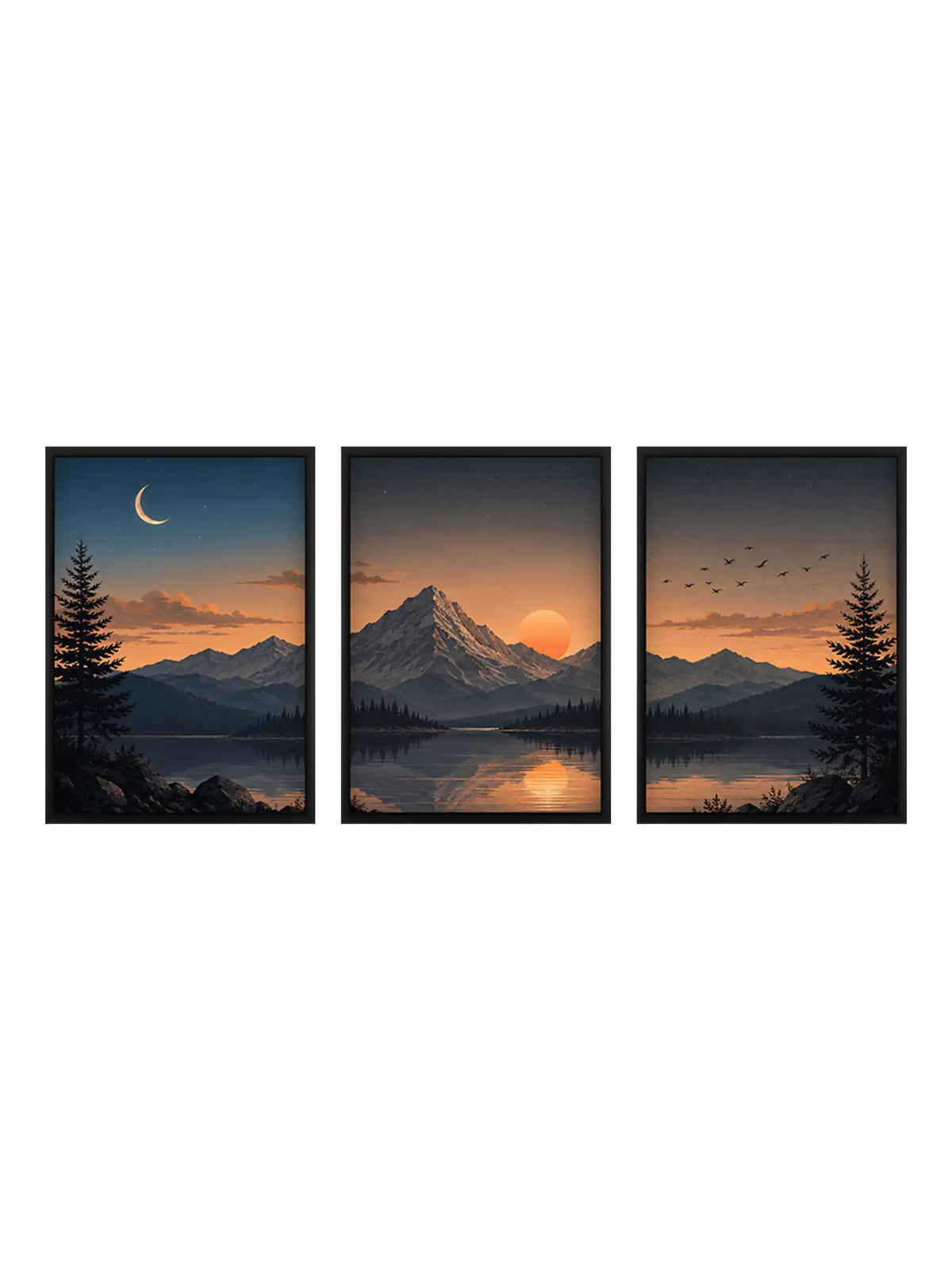 Digital Matte Painting - Mountain Sunset Alpine Lake - Black Wooden Wall Frames - Atmospheric Landscape - Spaces Unhooked