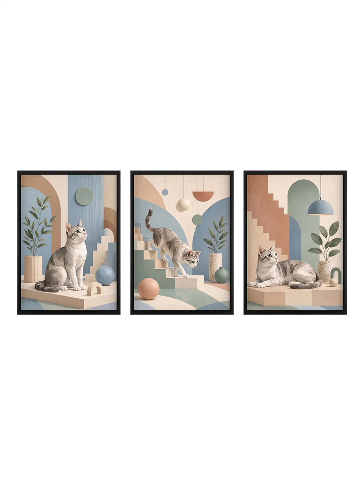 Low Poly Illustration - Playful Cat Geometric Minimalism - Black Wooden Wall Frames - Spaces Unhooked