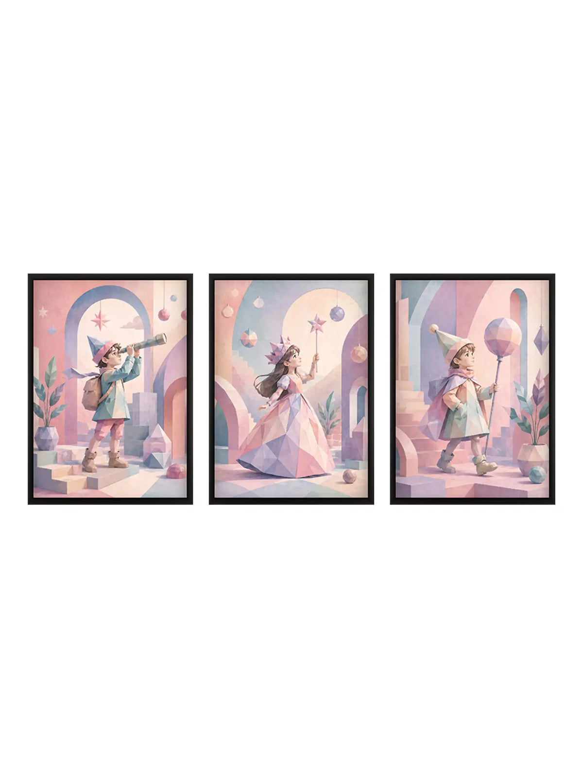 Low Poly Illustration - Childhood Imagination Fantasy Kids - Black Wooden Wall Frames - Spaces Unhooked