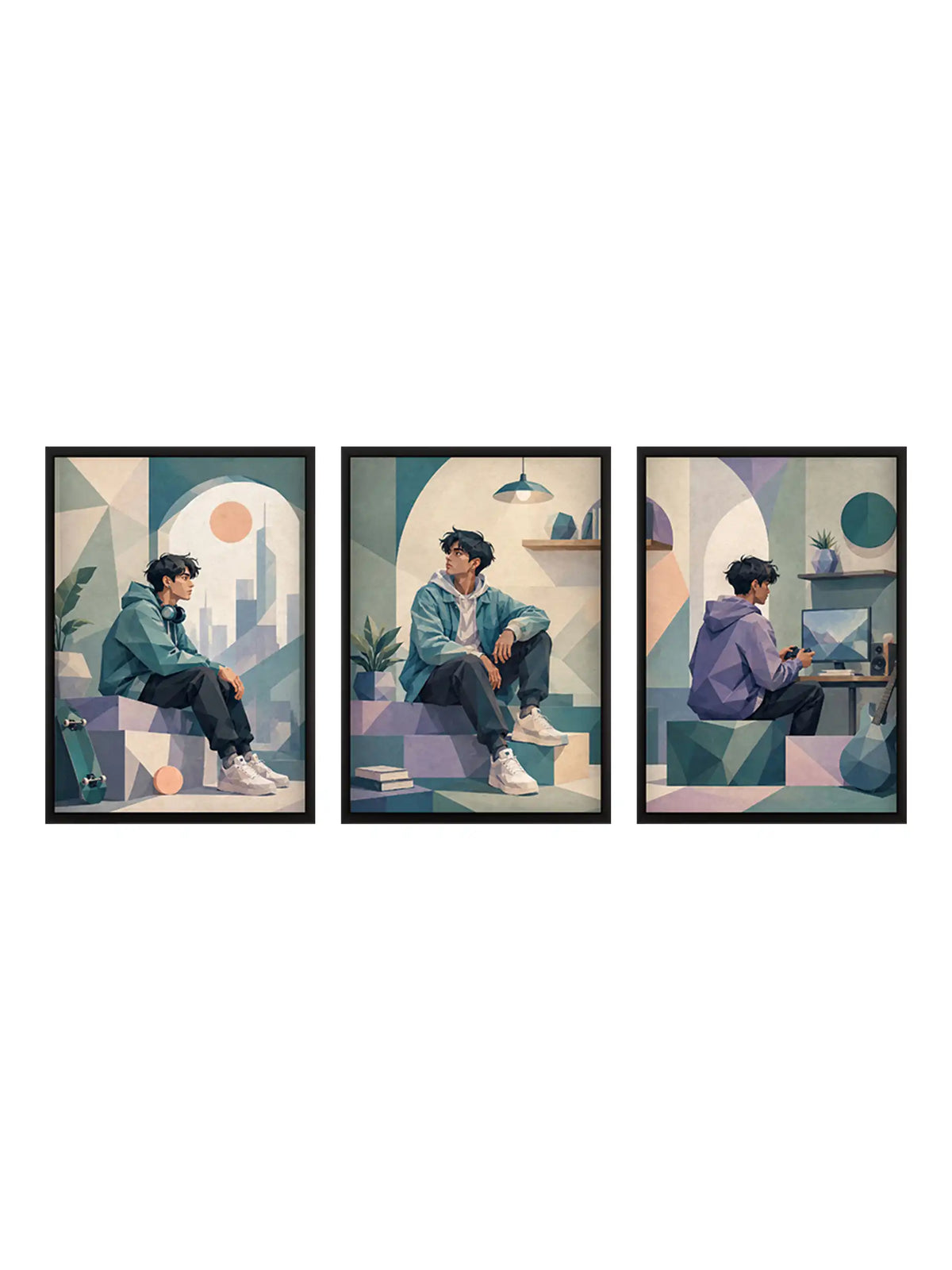 Low Poly Illustration - Modern Youth Urban Teen - Black Wooden Wall Frames - Geometric Minimalism - Spaces Unhooked
