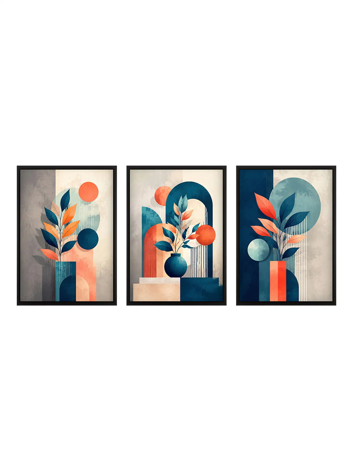 Vector Illustration - Geometric Botanical Still Life Navy Orange - Black Wooden Wall Frames - Spaces Unhooked