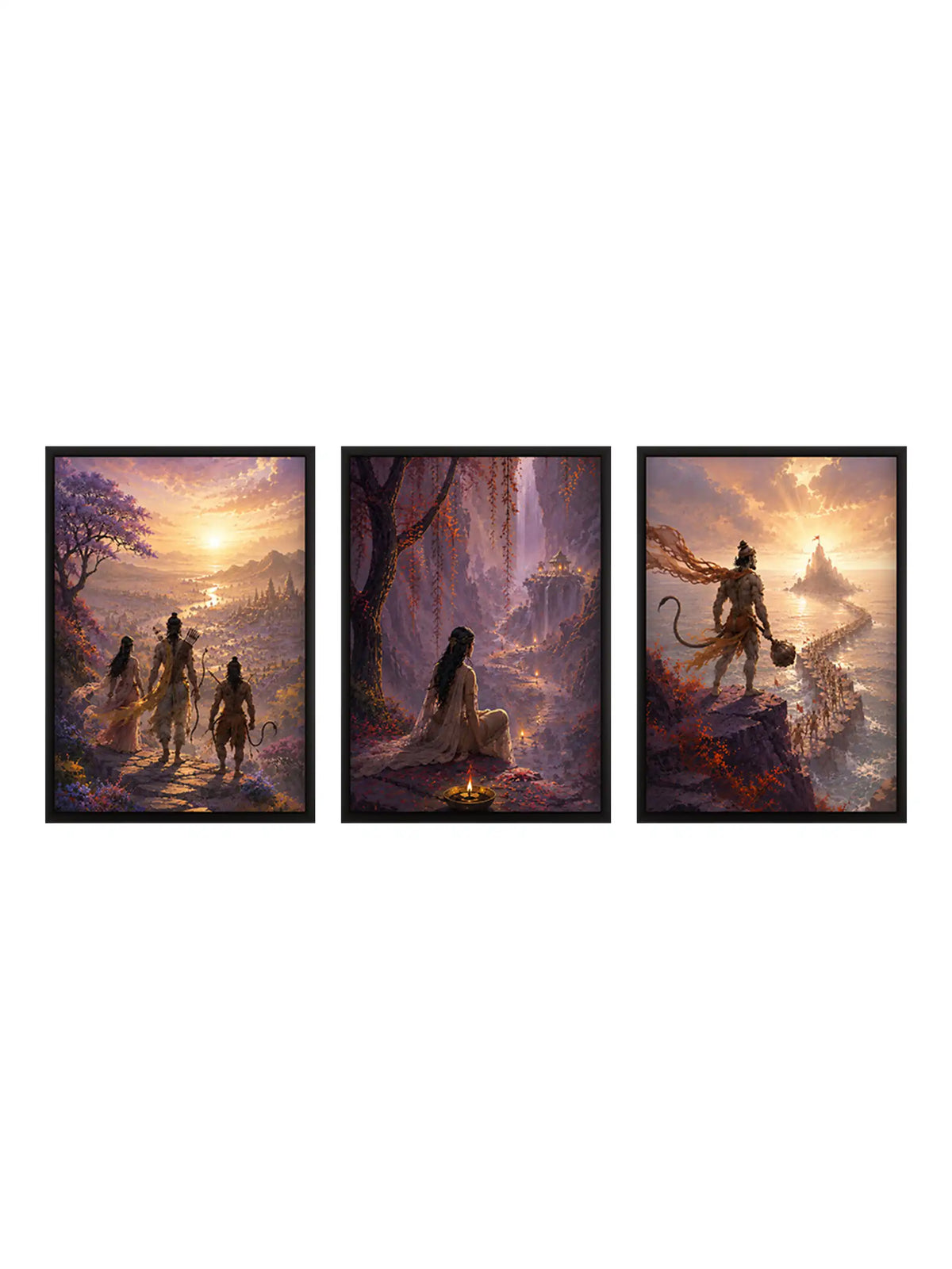 Digital Matte Painting - Ramayana Epic Ram Sita Hanuman - Black Wooden Wall Frames - Mythological Art - Spaces Unhooked