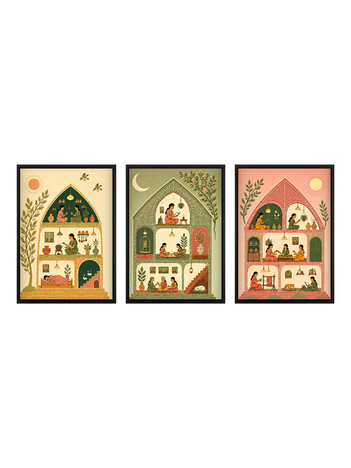 Narrative Illustration - Gond Art Domestic Life Indian Home - Black Wooden Wall Frames - Spaces Unhooked