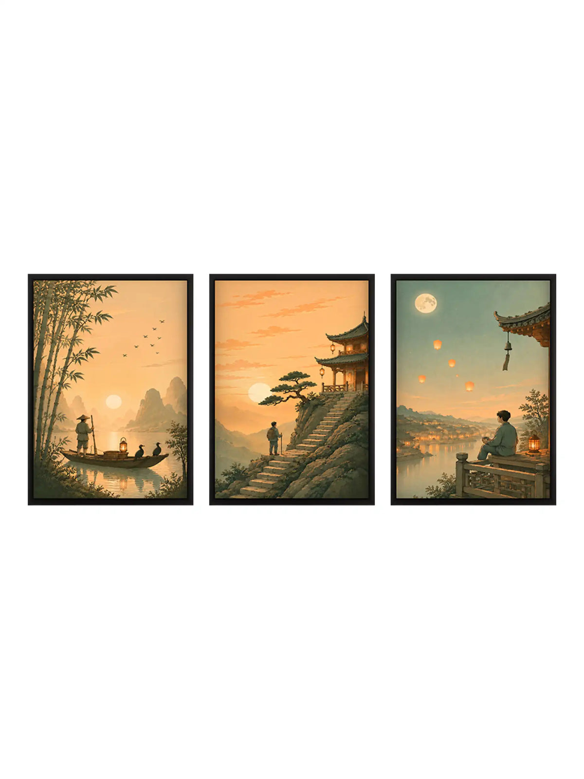 Atmospheric Illustration - East Asian Landscape Japanism - Black Wooden Wall Frames - Spaces Unhooked