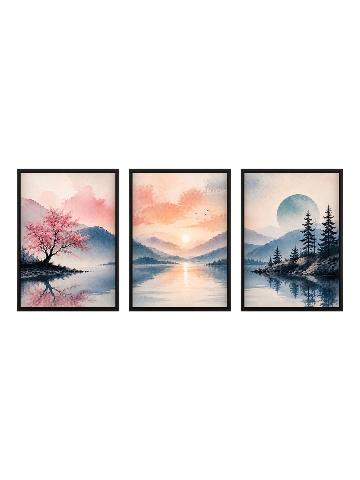 Watercolor Landscape - Tranquil Mountain Lake Zen - Black Wooden Wall Frames - Zen Inspired Decor - Spaces Unhooked
