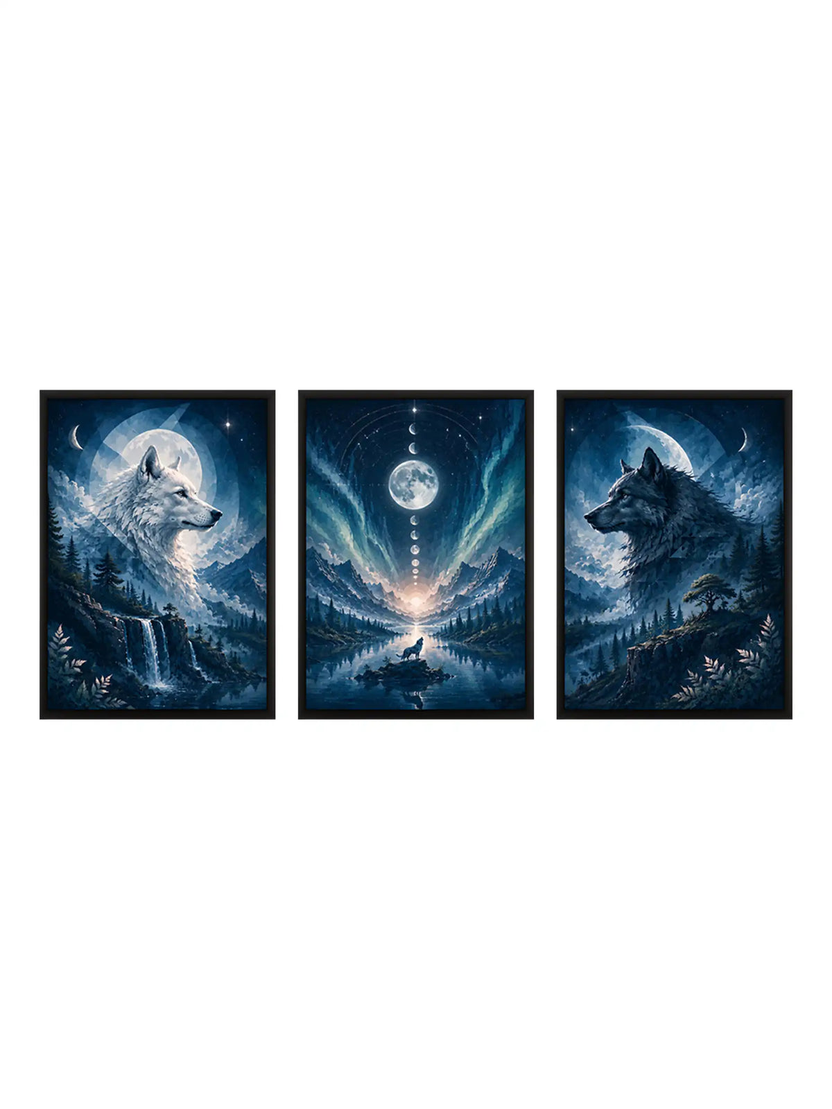 Digital Illustration - Celestial Wolf Spirit Night - Black Wooden Wall Frames - Nature Inspired Decor - Spaces Unhooked