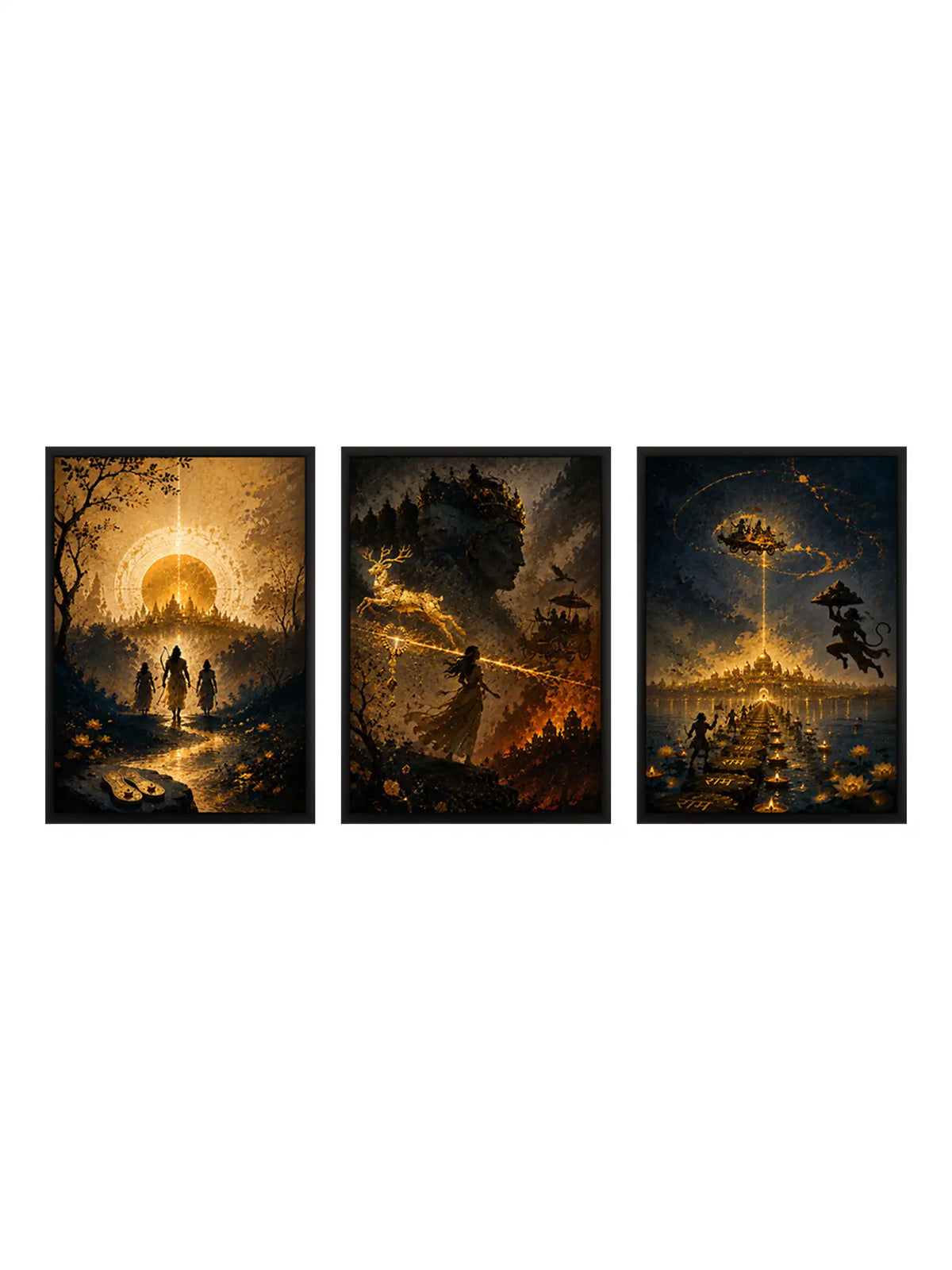 Cinematic Illustration - Ramayana Epic Narrative - Black Wooden Wall Frames - Epic Mythological Luxury - Spaces Unhooked