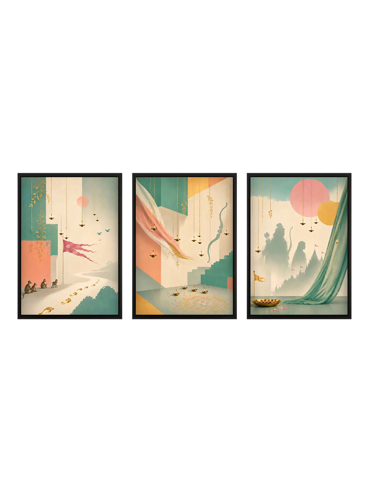 
Symbolic Minimalism - Ramayana Journey Devotion - Black Wooden Wall Frames - Contemporary Spiritual Pastel Heritage - Spaces Unhooked