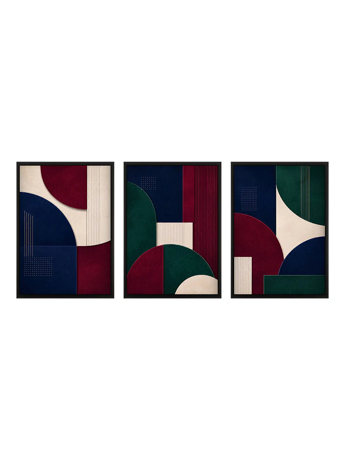 Modern Contemporary Abstract Geometry - Burgundy Navy Green - Black Wooden Wall Frames - Spaces Unhooked