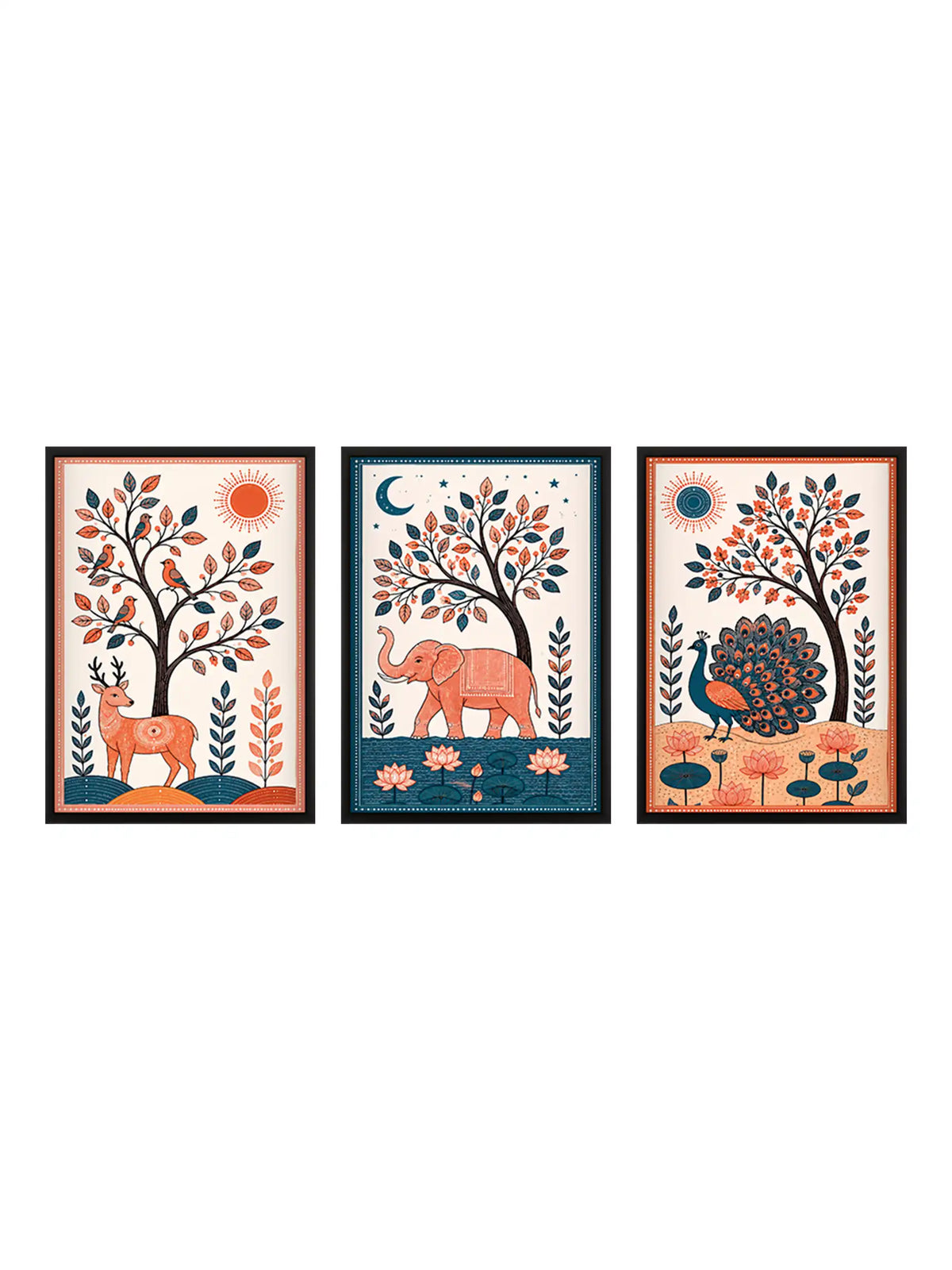 Madhubani Wildlife Art - Deer Elephant Peacock - Black Wooden Wall Frames - Traditional Modern - Spaces Unhooked