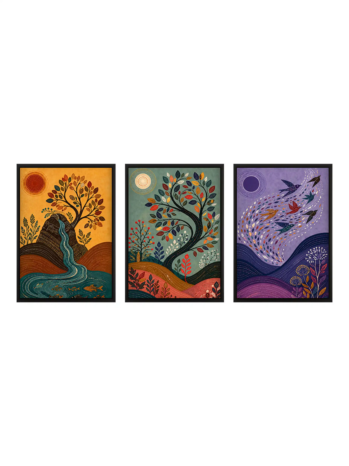 Madhubani Nature Cycle Art - River Tree Birds - Black Wooden Wall Frames - Traditional Modern - Spaces Unhooked