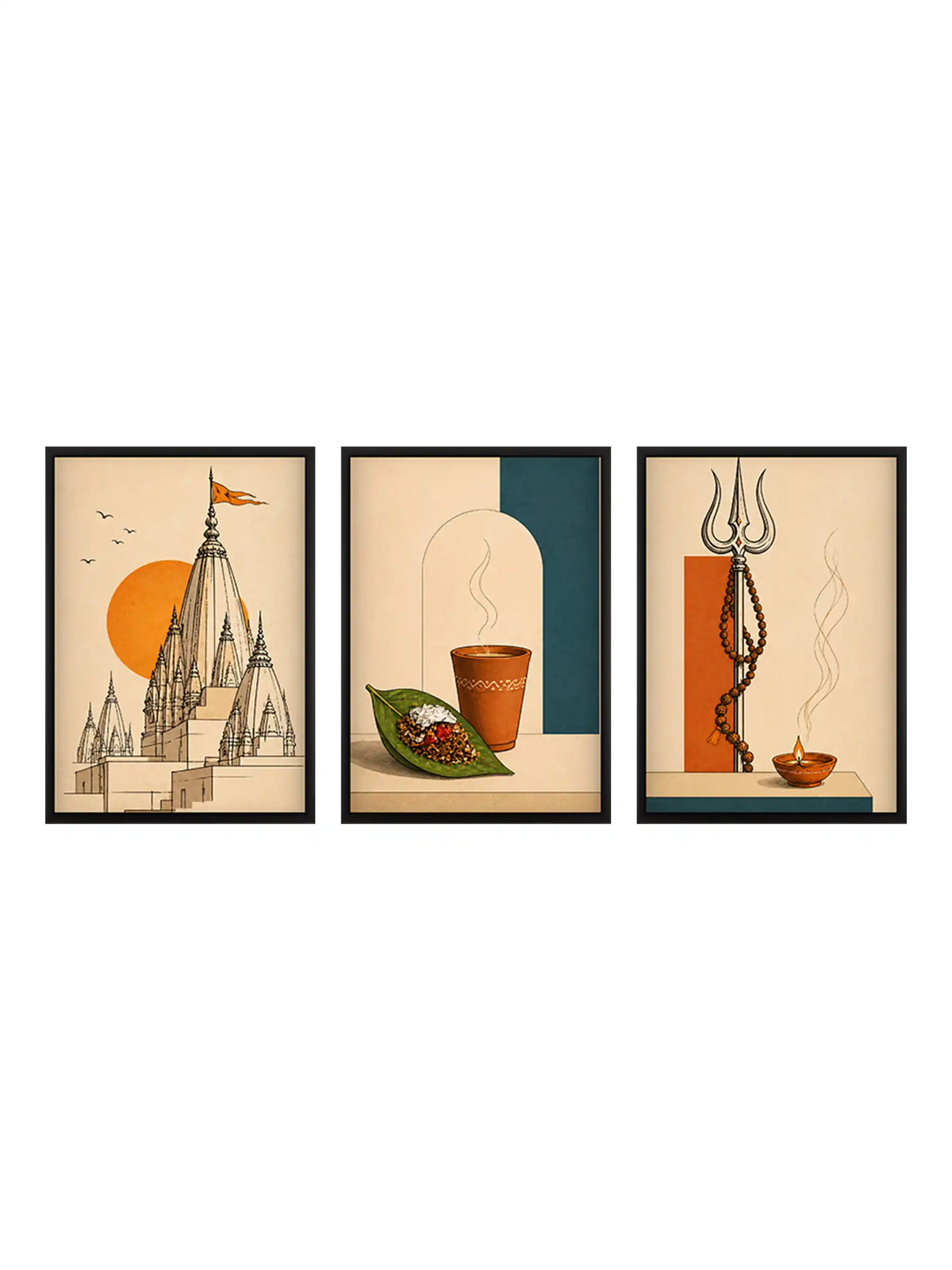 Minimalist Line Art - Varanasi Spiritual Cityscape - Black Wooden Wall Frames - Spiritual Aesthetic - Spaces Unhooked