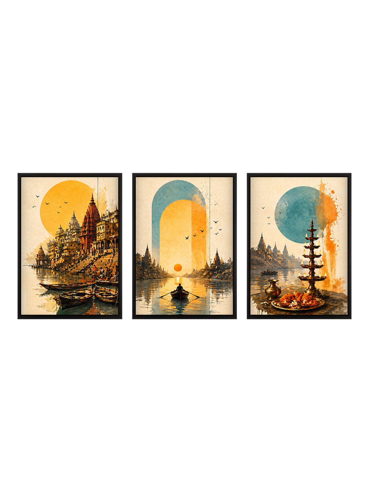 Vibrant contemporary heritage art inspired by Kashi. Set of 3 wooden framed paintings to elevate your home decor.