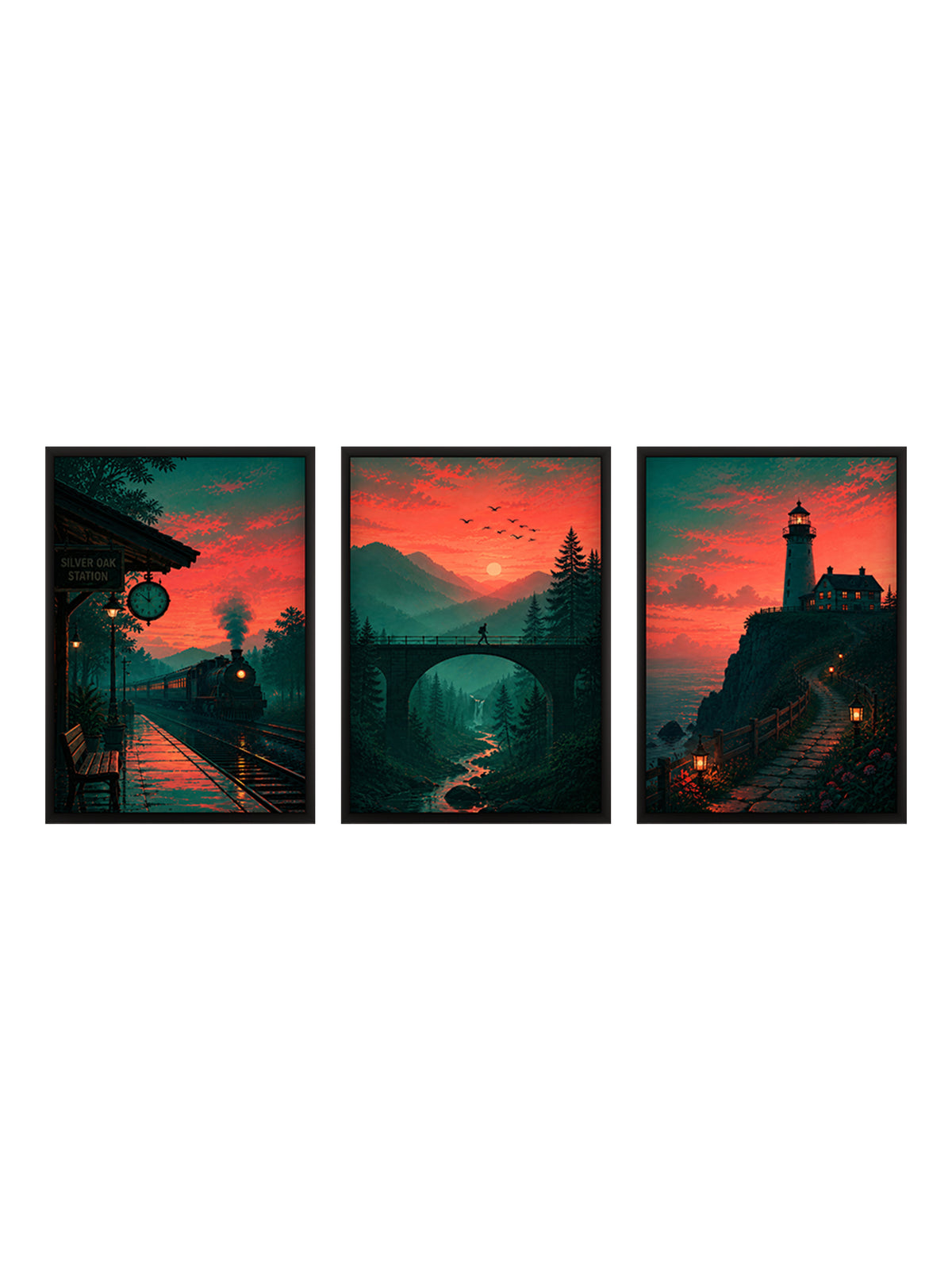 Dreamy dusk-inspired digital illustration framed in wood. Set of 3 wall art pieces perfect for contemporary spaces.