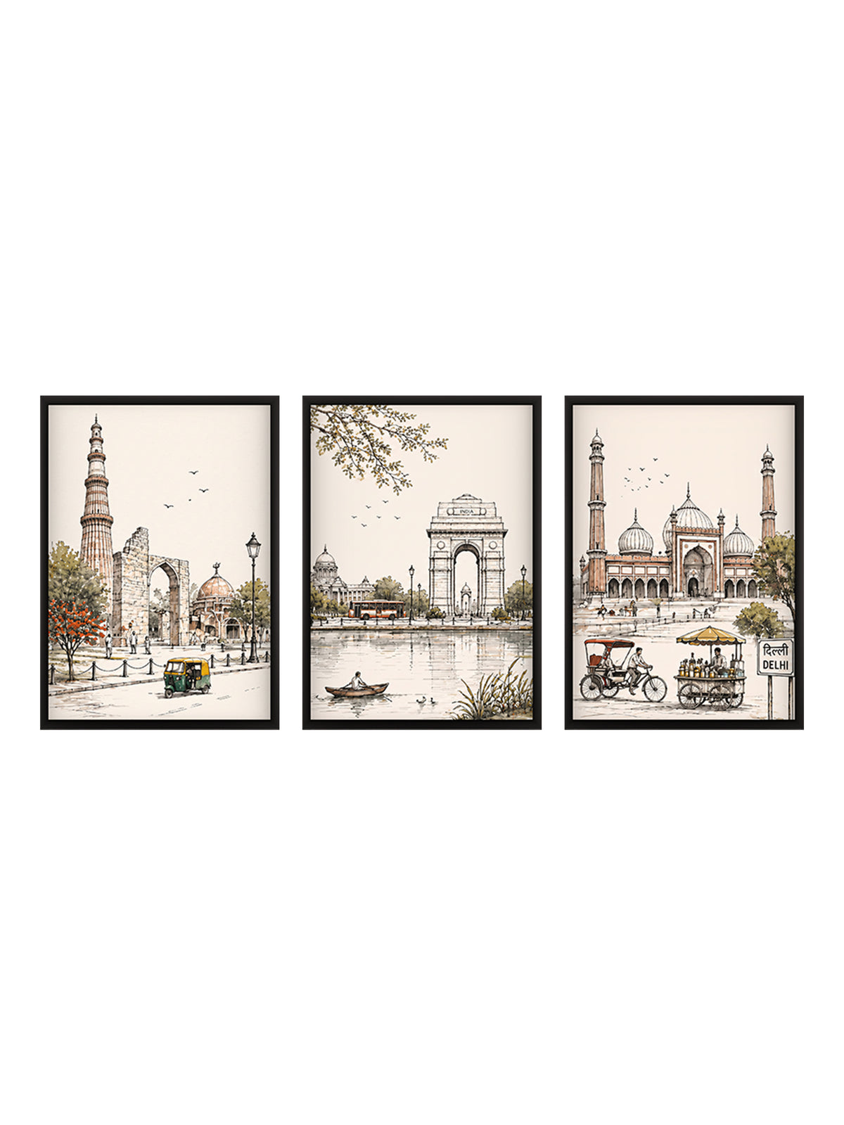 Architectural line art depicting Delhi landmarks in a set of 3 wooden wall frames