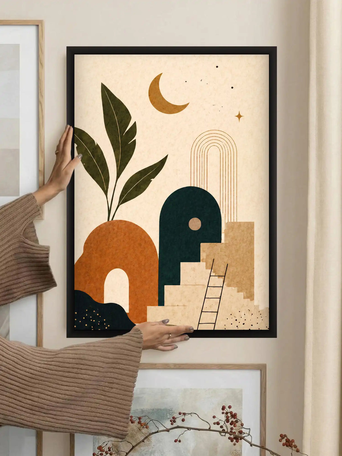 Boho celestial wall art set of 3 - abstract botanical illustration artwork - modern celestial decor - black wooden frames - Spaces Unhooked
