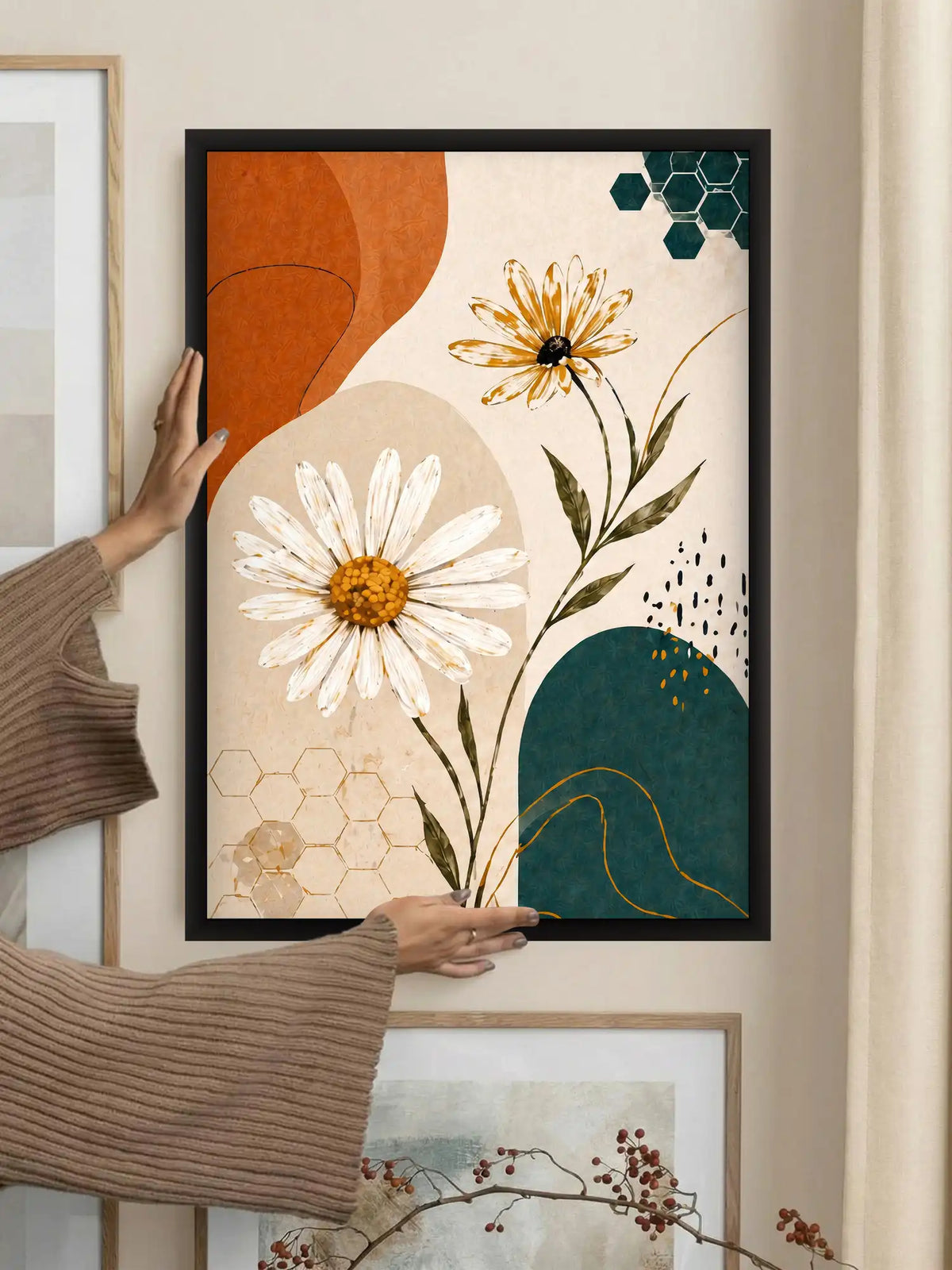 Boho botanical wall art set of 3 - abstract floral illustration artwork - modern botanical decor - black wooden frames - Spaces Unhooke