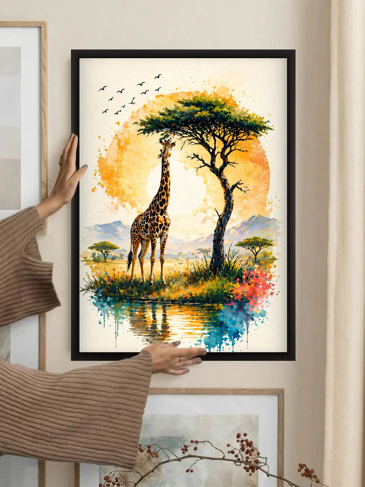Watercolor wildlife nature wall art set of 3 - rustic contemporary landscape artwork - mountain and wildlife decor - black wooden frames - Spaces Unhooked