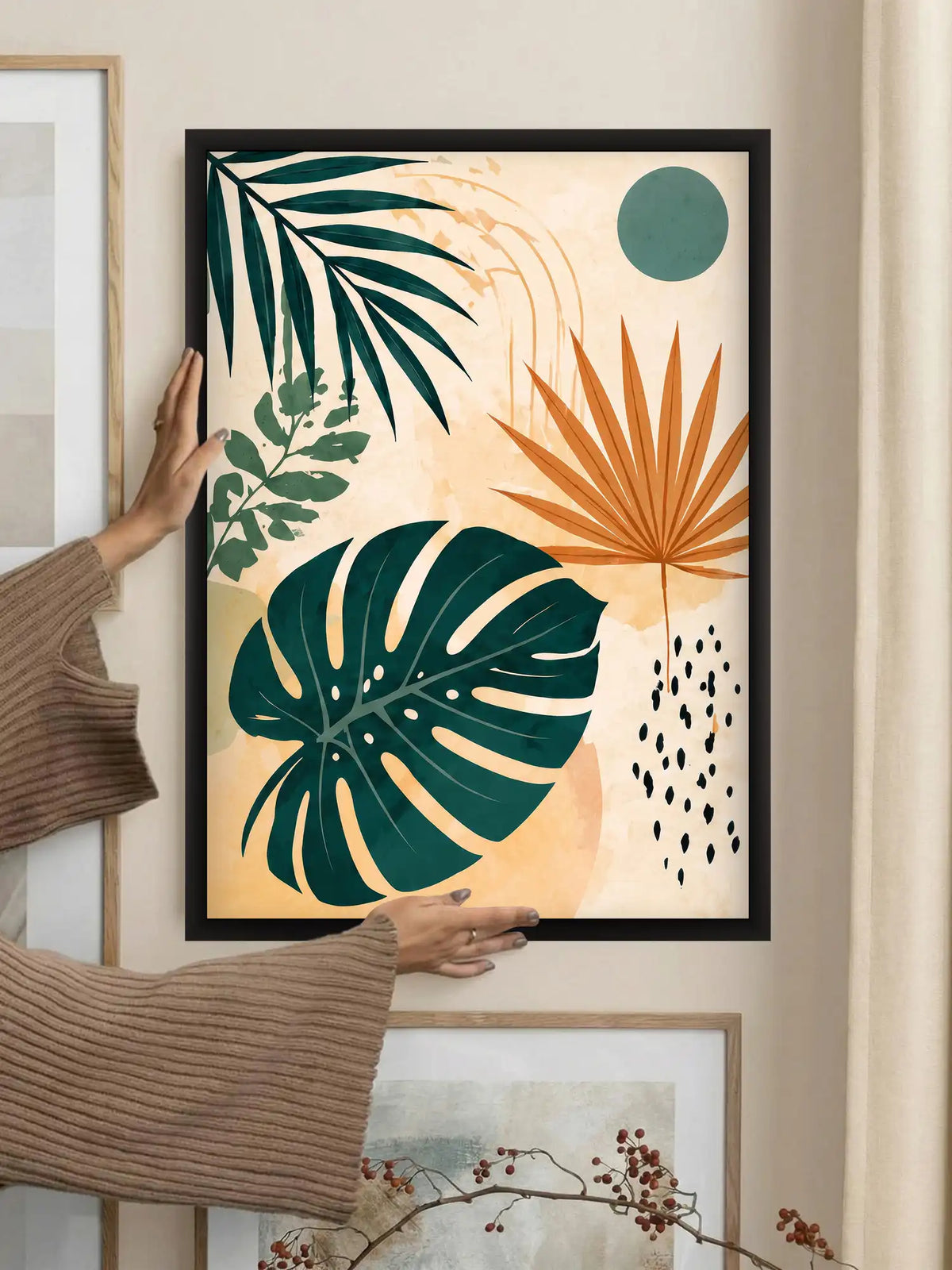 Boho tropical wall art set of 3 - botanical illustration artwork - tropical leaves and exotic birds decor - black wooden frames - Spaces Unhooked
