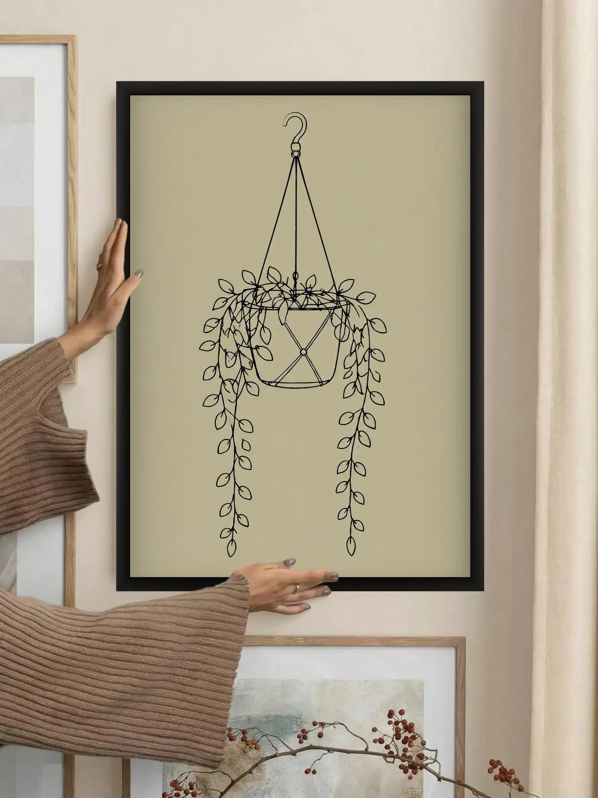 Japandi line art wall art set of 3 - everyday objects illustration artwork - minimalist home decor - black wooden frames - Spaces Unhooked