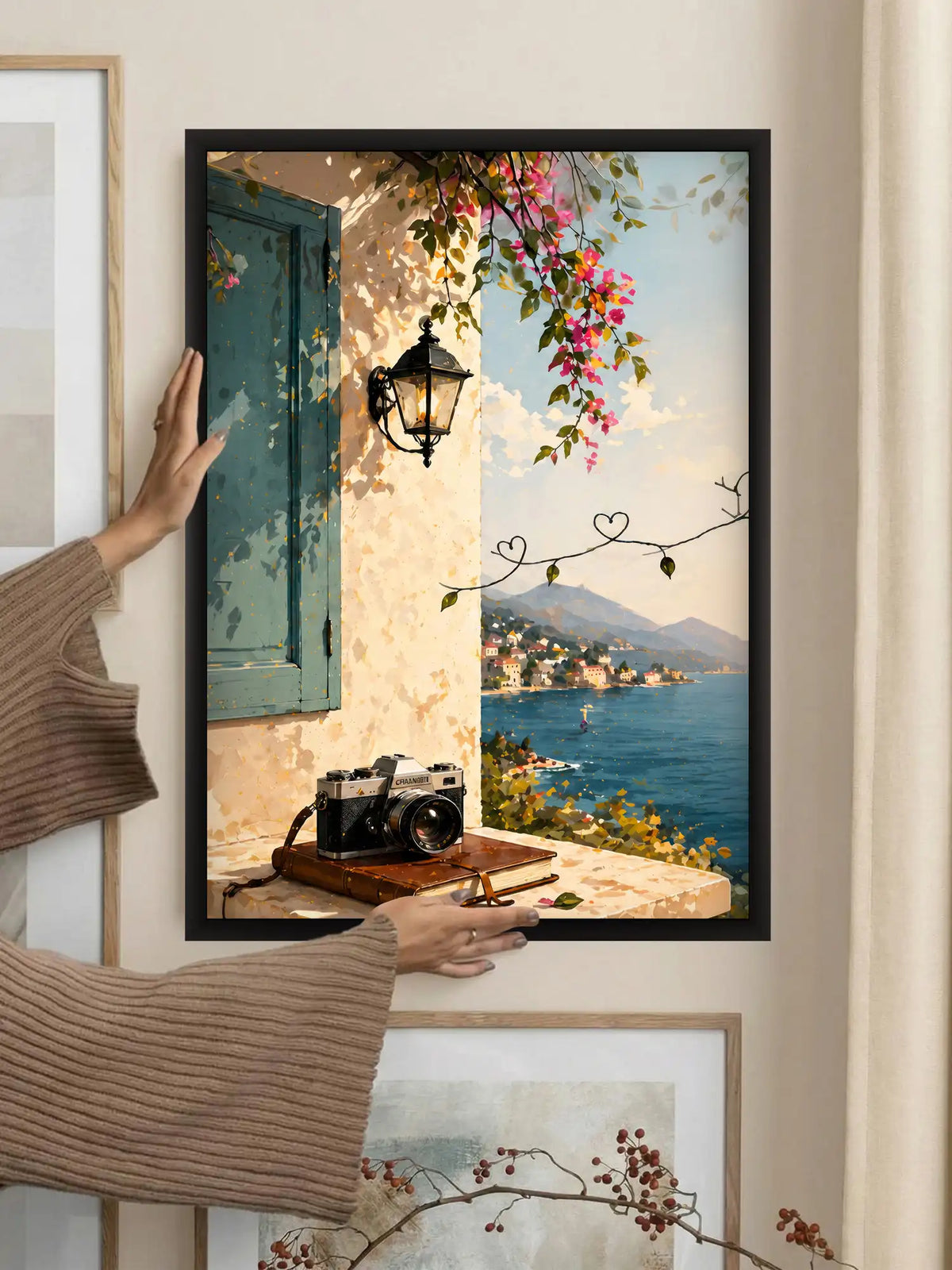 Mediterranean travel wall art set of 3 - coastal lifestyle illustration artwork - European seaside decor - black wooden frames - Spaces Unhooked
