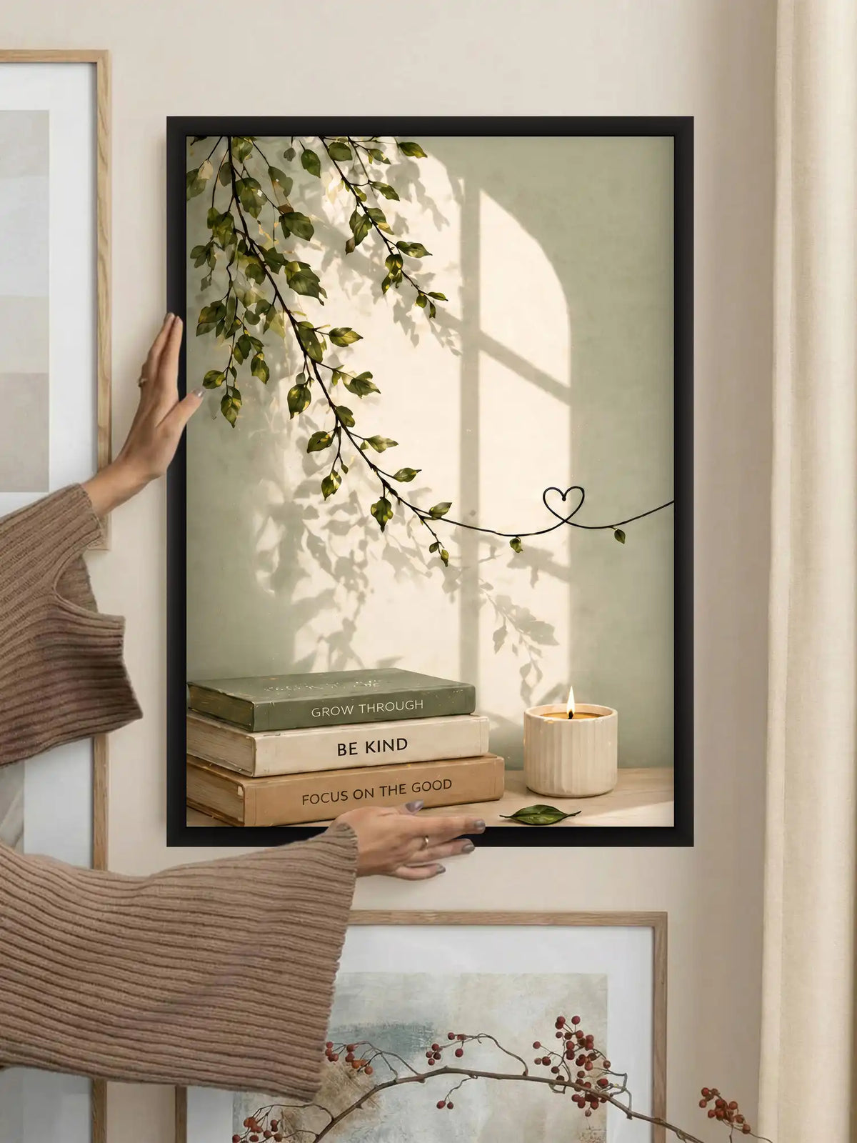 Japandi mindfulness wall art set of 3 - organic minimalism nature artwork - calming botanical decor - black wooden frames - Spaces Unhooked