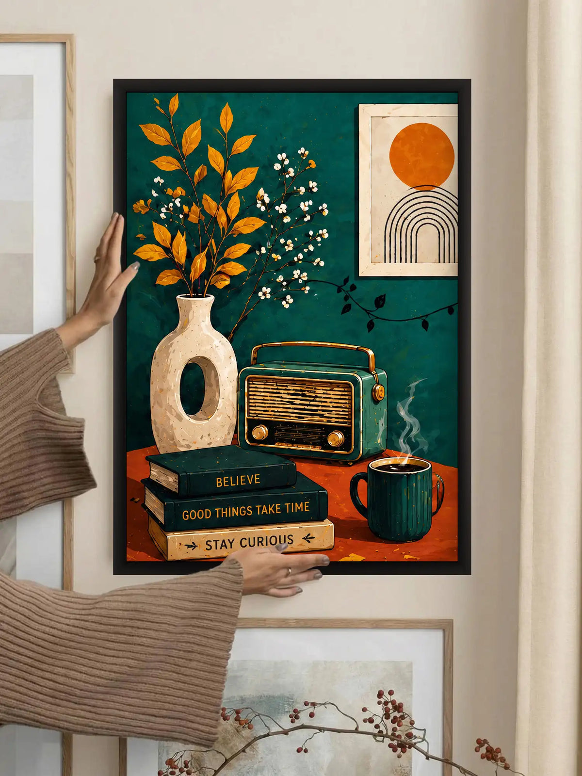 Lifestyle and travel wall art set of 3 - vintage eclectic illustration artwork - wanderlust inspired decor - black wooden frames - Spaces Unhooked