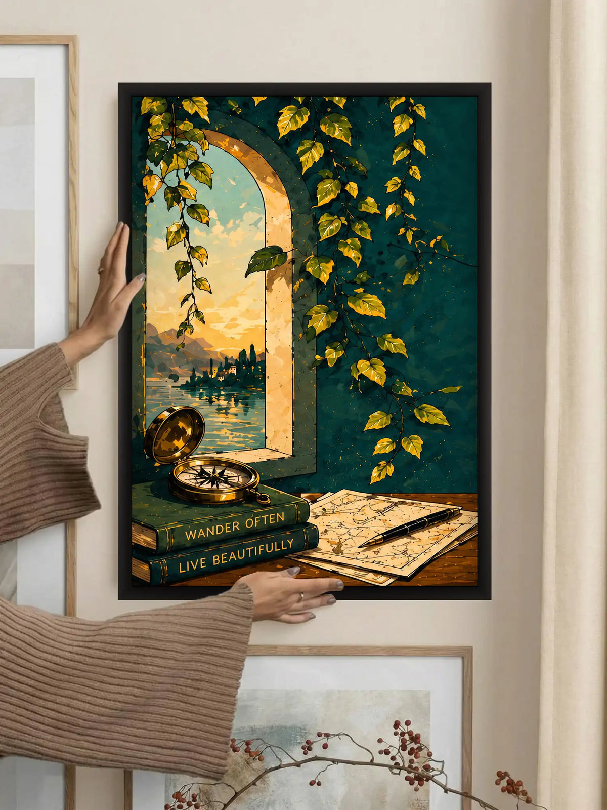 European vintage travel wall art set of 3 - cultural illustration artwork - architecture and exploration decor - black wooden frames - Spaces Unhooked