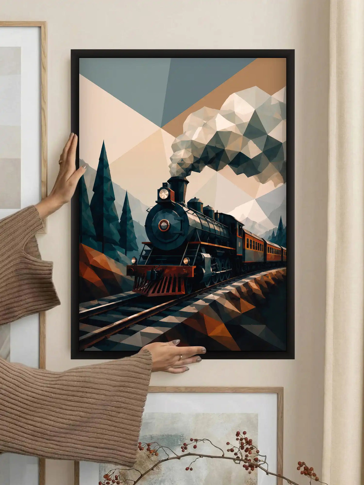 Travel and transportation wall art set of 3 - geometric train landscape artwork - mountain railway illustration - black wooden frames - Spaces Unhooked